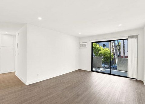 A room with a wooden floor and a sliding glass door.