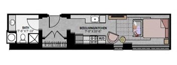 the floor plan of a small house with a bathroom and a bedroom