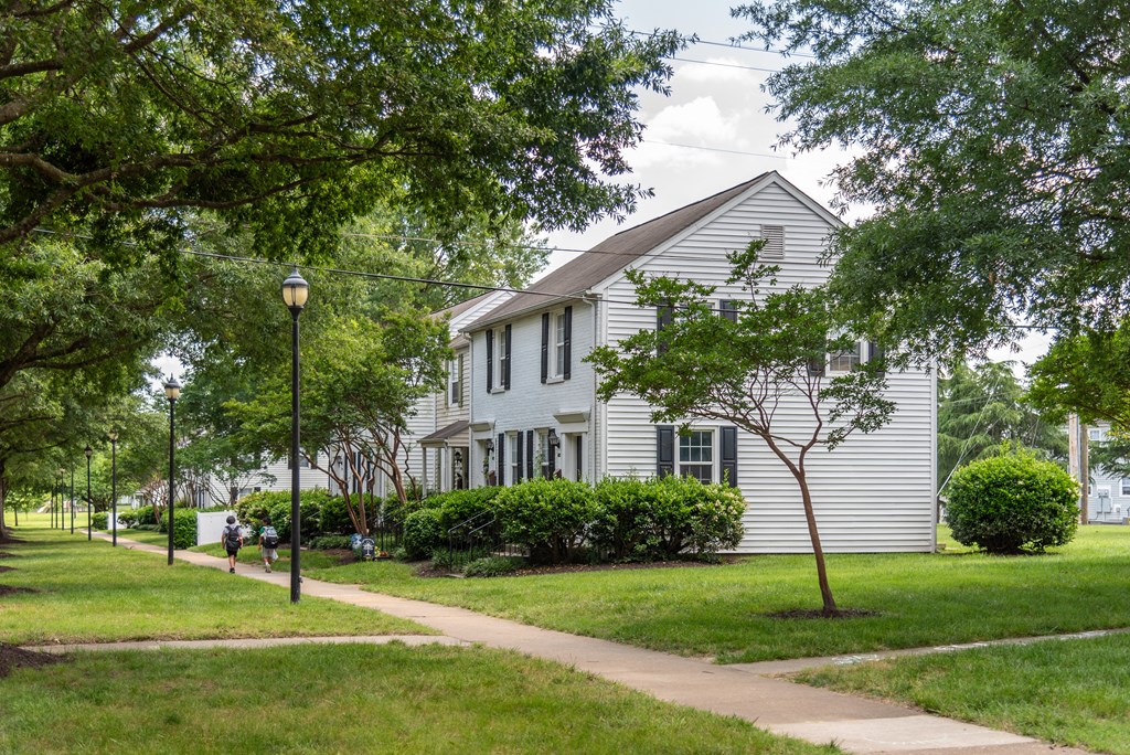 The Village at Horsepen sidewalks and townhome-style apartments