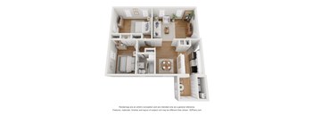 a stylized 3d floor plan with a bedroom and a living room