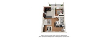 a stylized floor plan of a 1 bedroom apartment