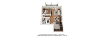 a stylized view of a 1 bedroom floor plan with a kitchen and living room