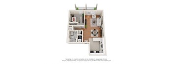 a stylized floor plan of a 1 bedroom apartment