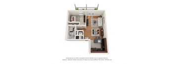 a stylized floor plan with a bedroom and a living room