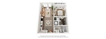 A 3D floor plan of a small apartment with a kitchen, living room, and bathroom.