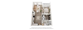 A floor plan of a small apartment with a kitchen, living room, and bathroom.