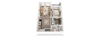 A 3D floor plan of a small apartment with a kitchen, living room, and bathroom.