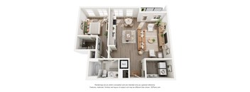 A 3D floor plan of a house with a kitchen, living room, and bathroom.