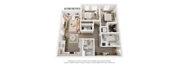 A 3D floor plan of a house with a kitchen, living room, and bathroom.