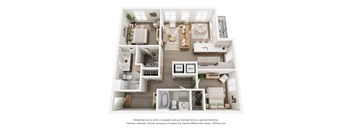 A 3D floor plan of a house with a kitchen, living room, and bathrooms.