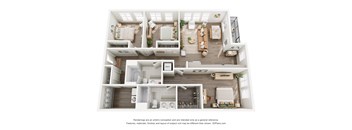 A 3D floor plan of a house with a kitchen, living room, and bathrooms.