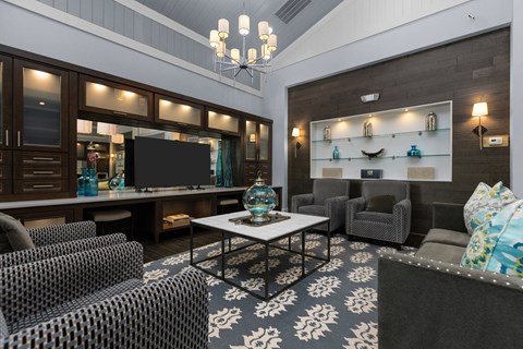 A living room with a black and white patterned rug and a grey sofa.