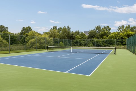 A tennis court with a net and no players.