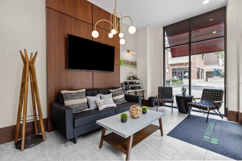 A modern living room with a black couch, a wooden floor, and a flat-screen TV mounted on the wall.
