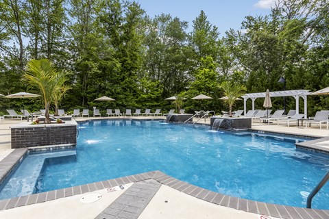 A large outdoor swimming pool surrounded by trees and lounge chairs.