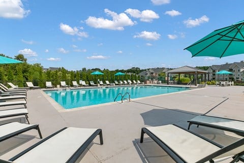 the resort style pool is surrounded by lounge chairs and umbrellas at The Austin Apartment Homes, Deptford, New Jersey