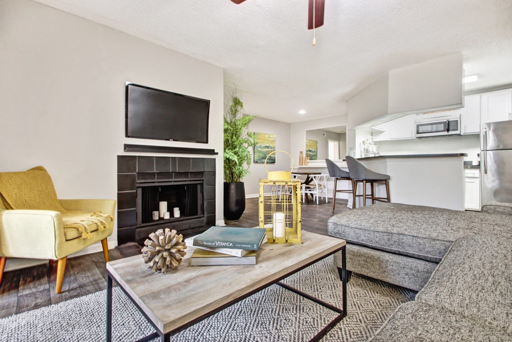 Living Room With TV And Fireplace at Timberwalk at Mandarin Apartment Homes, Jacksonville, FL, 32257