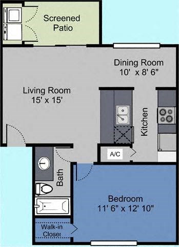 1 bedroom 1 bath floor plan Aat The Fountains at Deerwood Apartments, Jacksonville, FL