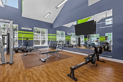 A gym with a variety of equipment including a squat rack, bench press, and a mirror.