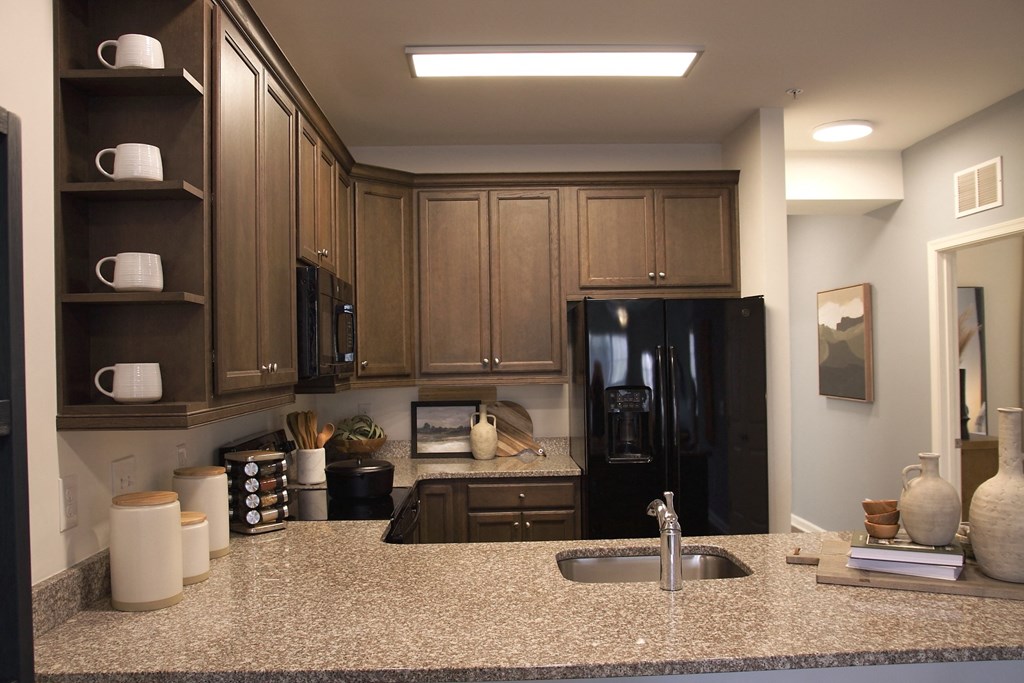 a kitchen with a granite counter top and a black refrigerator  at Carillon Woods, Millsboro, 19966