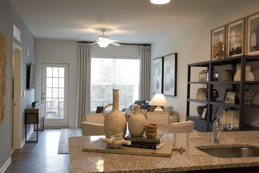 the view of the living room from the kitchen counter in a model home  at Carillon Woods, Millsboro, Delaware