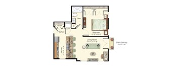 A floor plan of a home showing a living room, kitchen, and two bedrooms.