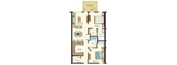 A floor plan of a Patio/Balkony with a living room, kitchen, two bedrooms, and two bathrooms.
