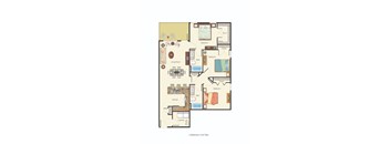 A 3 bedroom apartment layout with a living room, kitchen, and bathrooms.