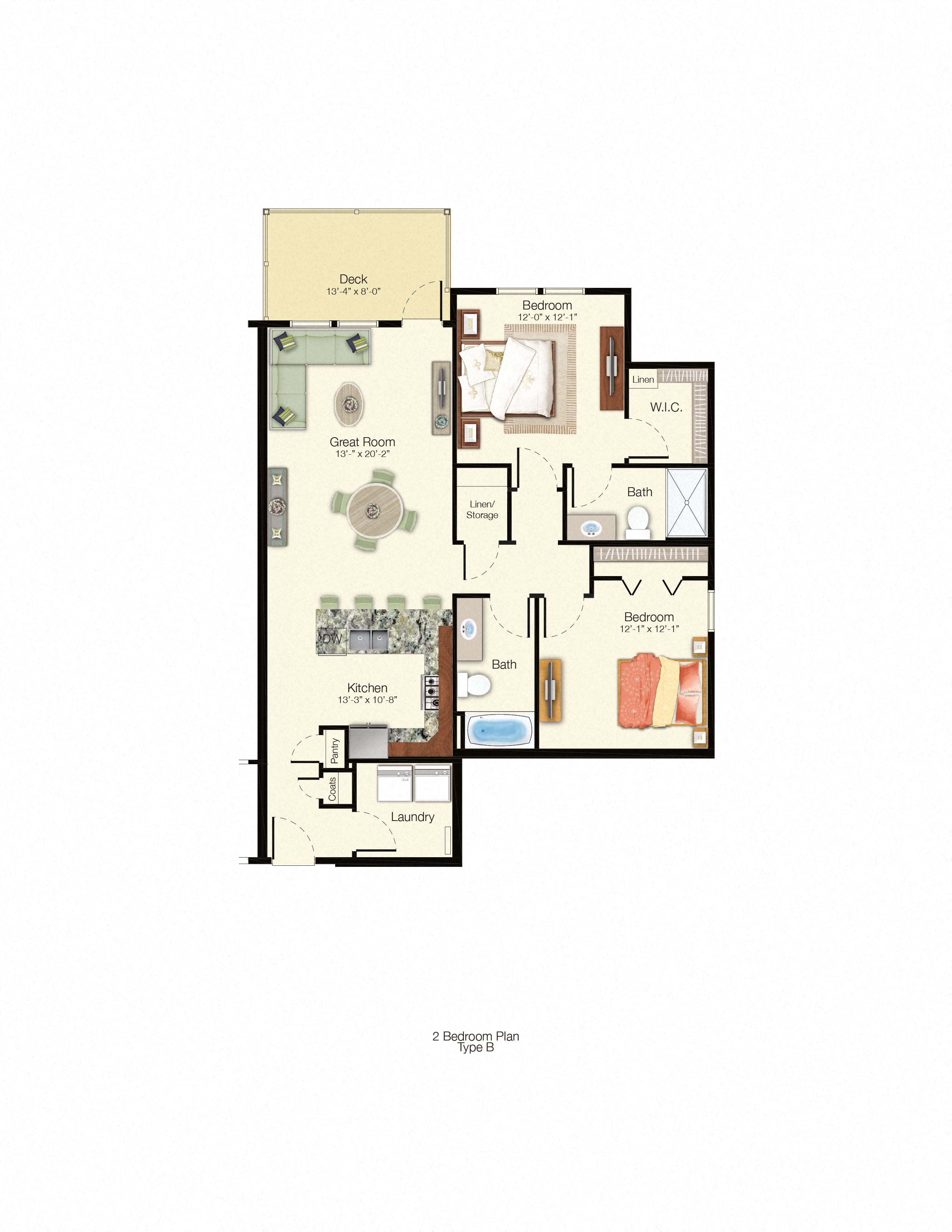 A 2 Bedroom Plan shows a layout with a deck, bathroom, kitchen, laundry, and a great room with a couch and television.