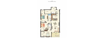 A floor plan of an apartment with a kitchen, living room, and two bedrooms.