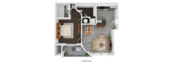 A floor plan of a small apartment with a kitchen, living room, and bathroom.