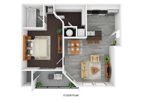 A floor plan of a small apartment with a kitchen, living room, and bathroom.