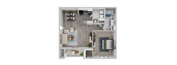 A top down view of a small apartment with a kitchen, living room, and bathroom.