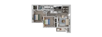 A 3D floor plan of a small apartment with a kitchen, living room, and bathroom.
