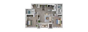 A top-down view of a small apartment with a kitchen, living room, and bathroom.