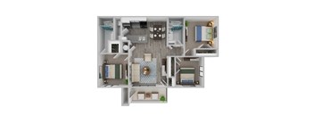 A 3D floor plan of a small apartment with a kitchen, living room, and bedrooms.