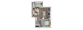 A top-down view of a small apartment with a kitchen, living room, and bathroom.