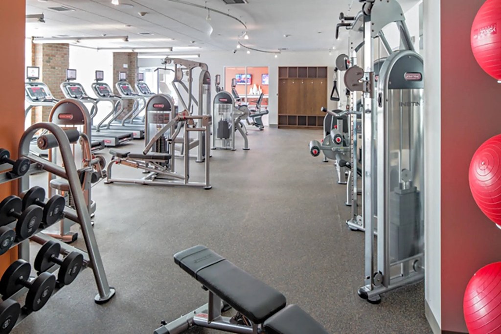 a gym with cardio equipment and weights on the floor at Merion Riverwalk Apartment Homes, Shelton, CT