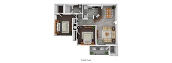 A floor plan of a house with a living room, dining room, kitchen, and two bedrooms.