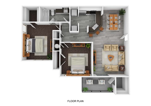 A floor plan of a house with a living room, dining room, kitchen, and two bedrooms.