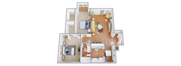 A 3D rendered image of a two-bedroom apartment with a living room, kitchen, and bathroom.