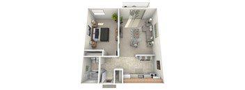 A 3D rendered image of a small apartment with a bedroom, living room, and kitchen.