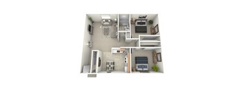 A 3D floor plan of a small apartment with a kitchen, living room, and bedroom.