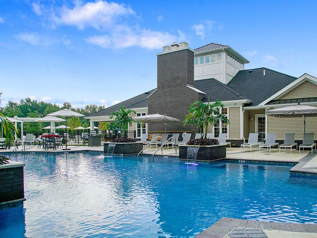 Sparkling pool in front of clubhouse  at Barclay Chase Apartment Homes, Marlton, New Jersey
