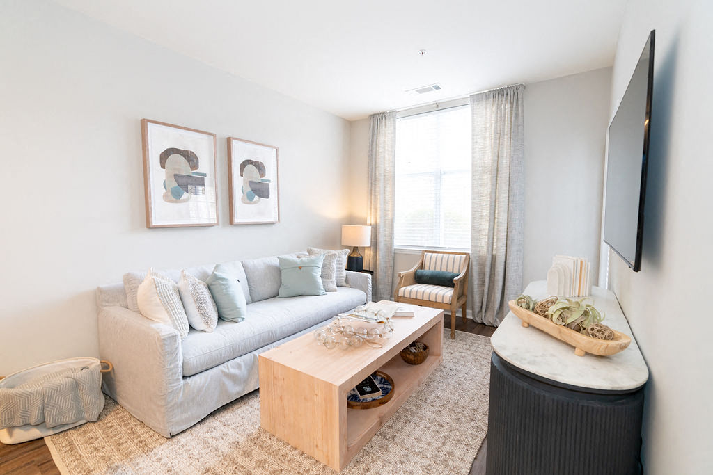 a living room with a couch and a coffee table