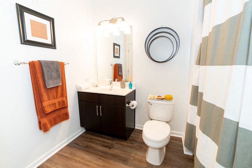 a bathroom with a shower and a toilet and a sink at Merion Riverwalk Apartment Homes, Shelton