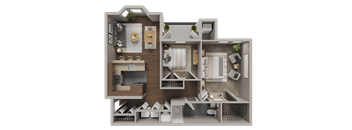 A 3D rendered image of a small apartment layout.