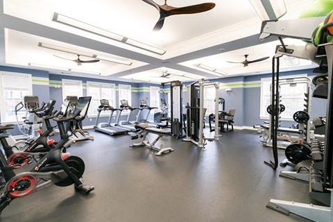 a gym with cardio machines and weights on the floor and a ceiling fan at Merion Milford Apartment Homes, Milford, CT