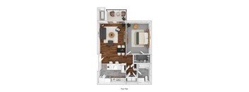 A floor plan of a small apartment with a kitchen, living room, and bathroom.