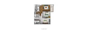 A floor plan of a small apartment with a kitchen, living room, and bathroom.